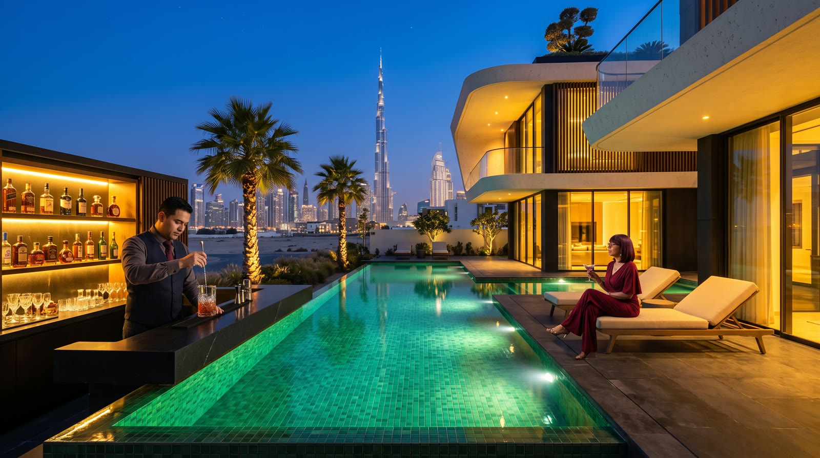 Emerald pool at blue hour with the terrace bar, bartender, and the lit Dubai skyline