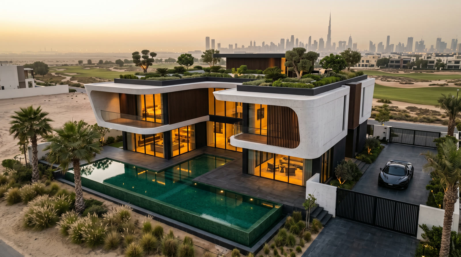 Golden-hour aerial of the curved white villa, rooftop garden and emerald pool with the Burj Khalifa beyond