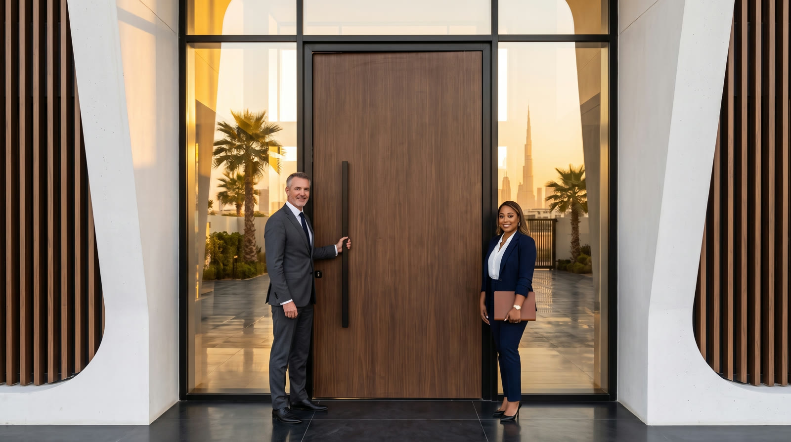 Doorman with his hand on the walnut door beside the realtor at golden hour