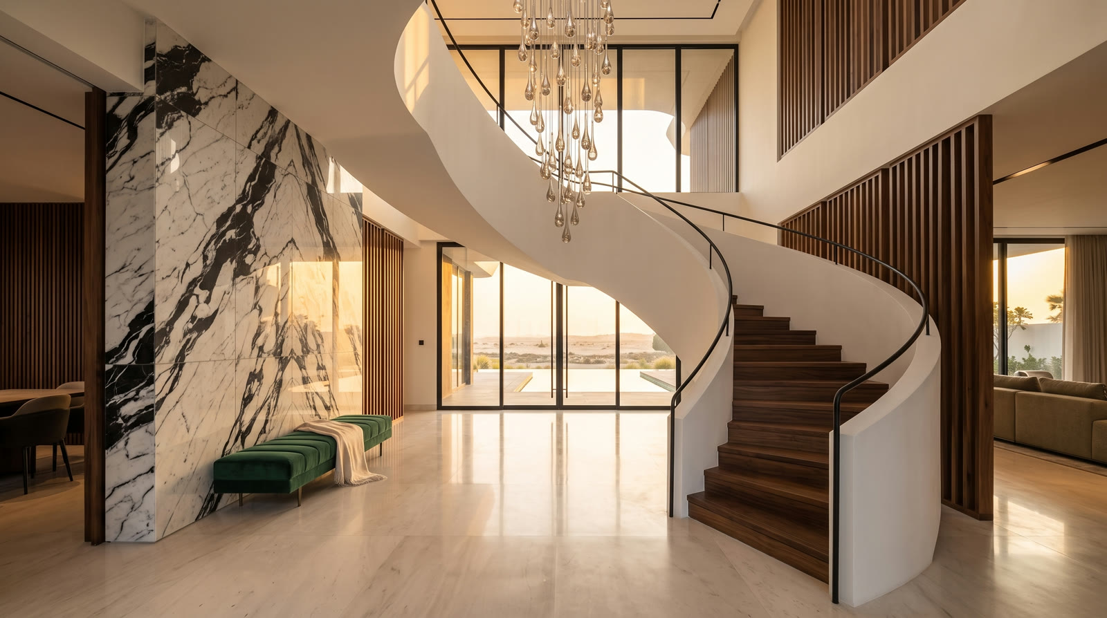 Curved white staircase and droplet chandelier in the double-height foyer