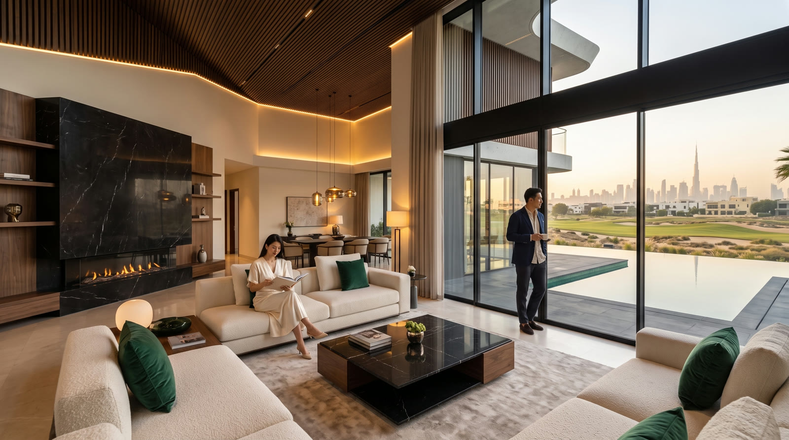 Double-height salon with ivory sofas and glass to the pool terrace