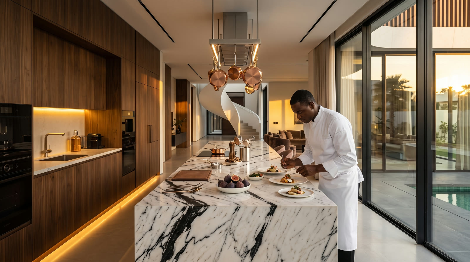 Chef plating at the black-veined marble island