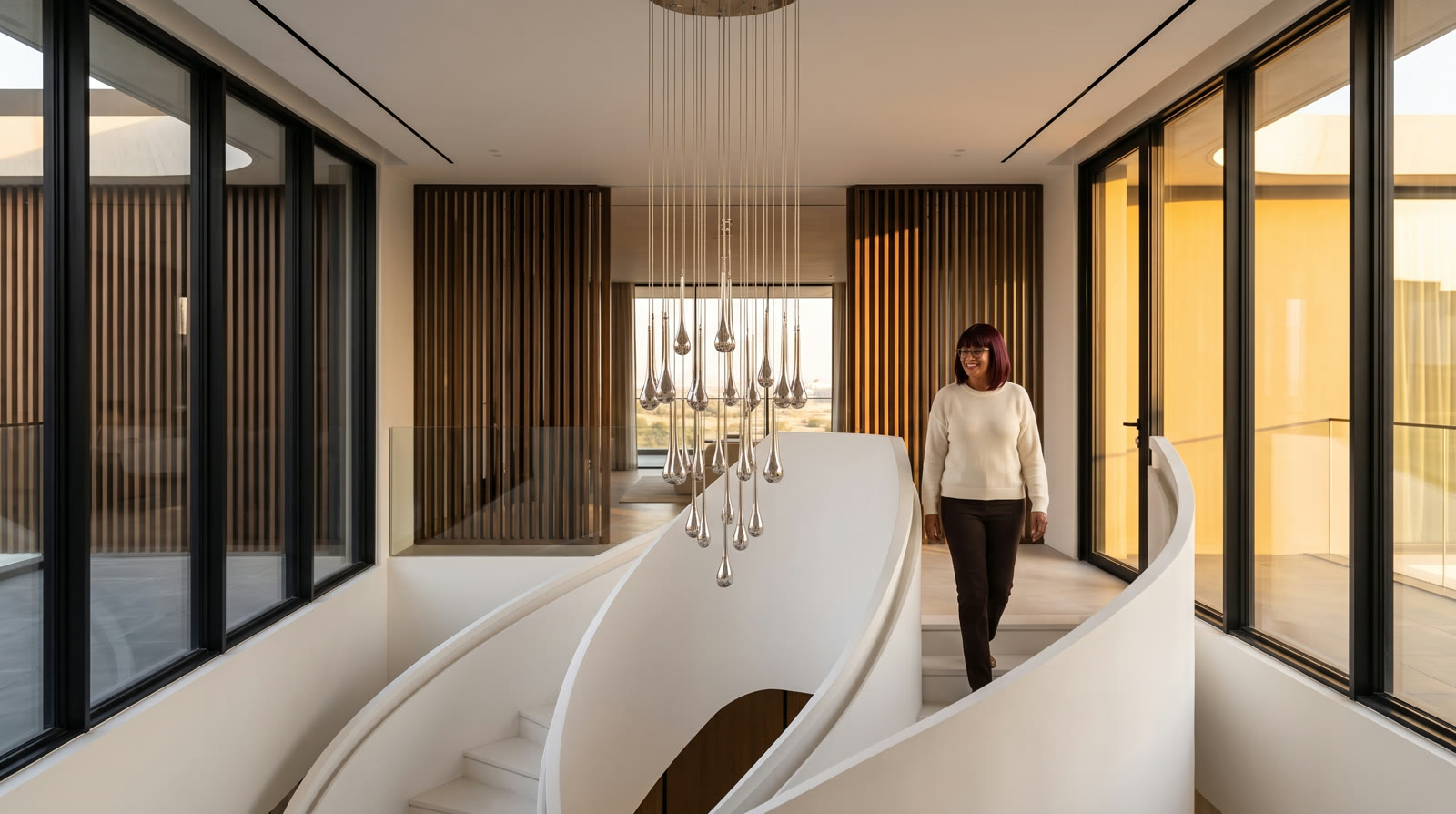 Mary walking the upper landing beside the droplet chandelier