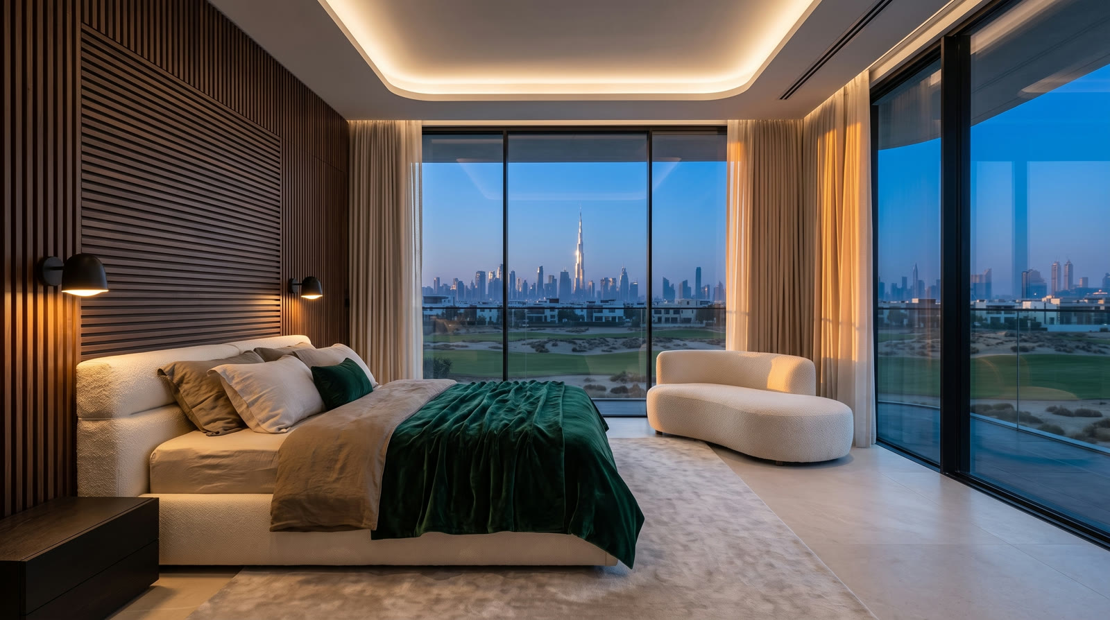Primary suite facing the lit skyline at dusk