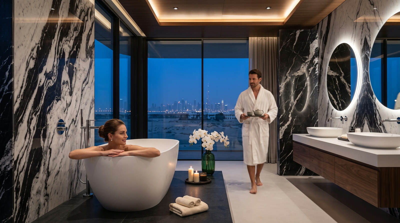 Spa couple in the marble bath at blue hour