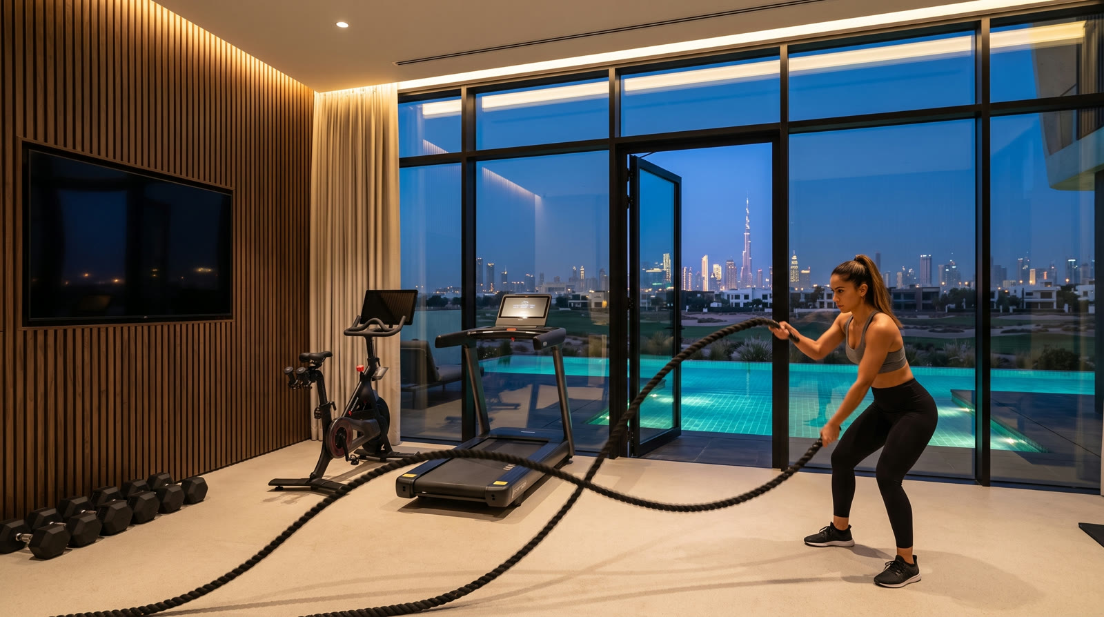 Glass-walled gym at blue hour with battle ropes and the pool beyond